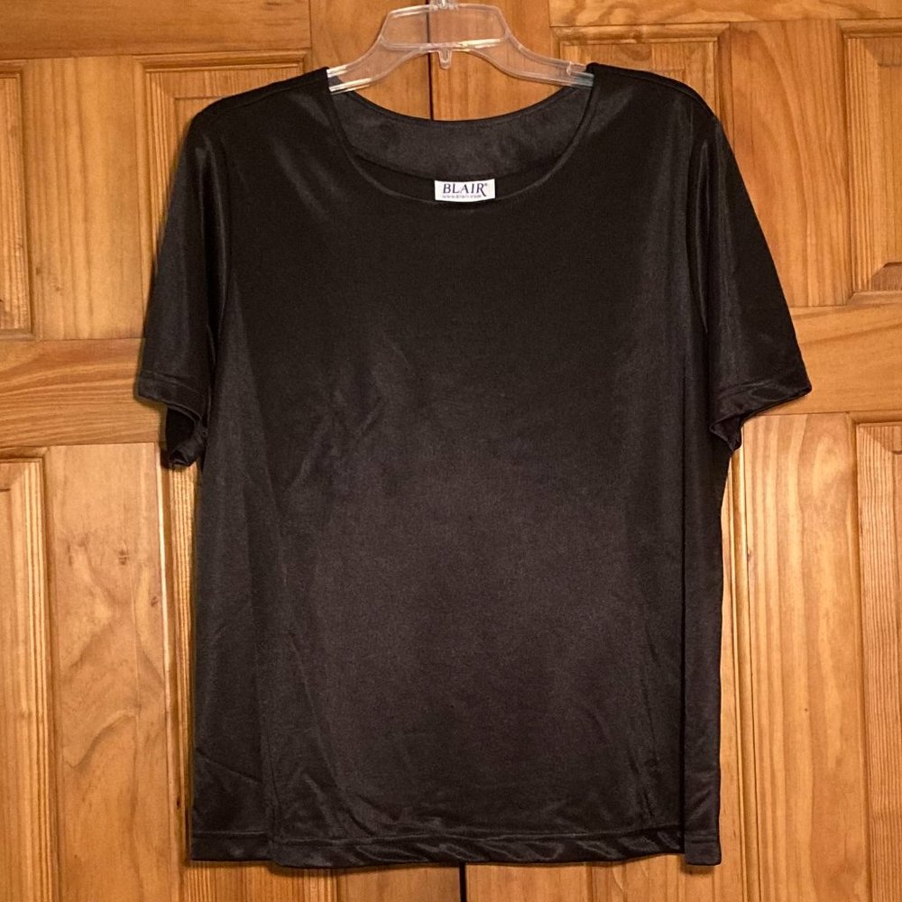 NWOT Blair Vintage 90s Silky Top Short Sleeve Blouse Black Size L Large